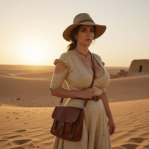 Photograph of a woman with large breasts in a cream, lace dress, brown hat, and leather bag, standing in a golden desert at sunset with