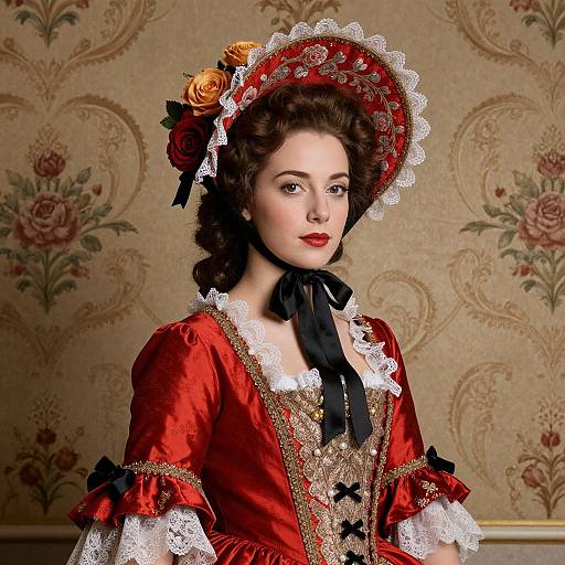 Photorealistic digital portrait of a fair-skinned woman in 18th-century red satin gown with black ribbons, lace trim, and ornate