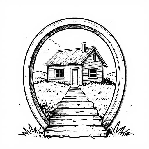 Black-and-white ink drawing of a quaint, wooden house with a pitched roof, surrounded by grass, framed within a circular border.