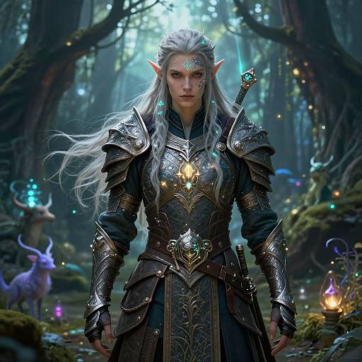 Fantasy Elf Warrior in Enchanted Forest