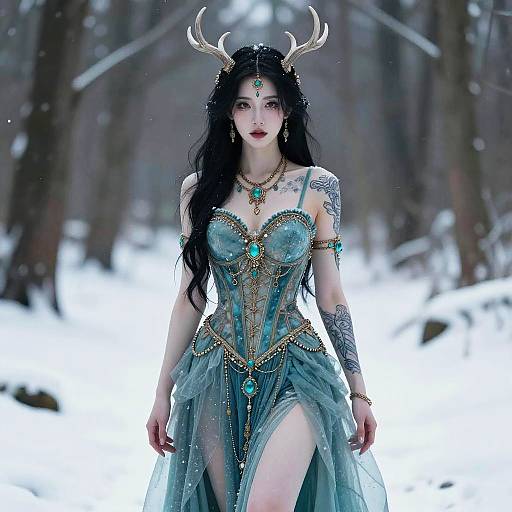 Digital artwork of a pale-skinned, black-haired woman with antlers, wearing an ornate, teal, snow-themed dress, adorned with turquoise jewels