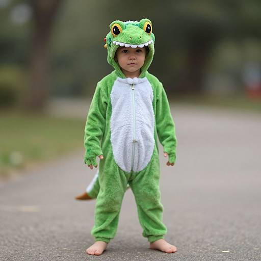Photograph of a young child in a green frog-themed onesie with white belly, wearing frog hat, standing barefoot on a park path.