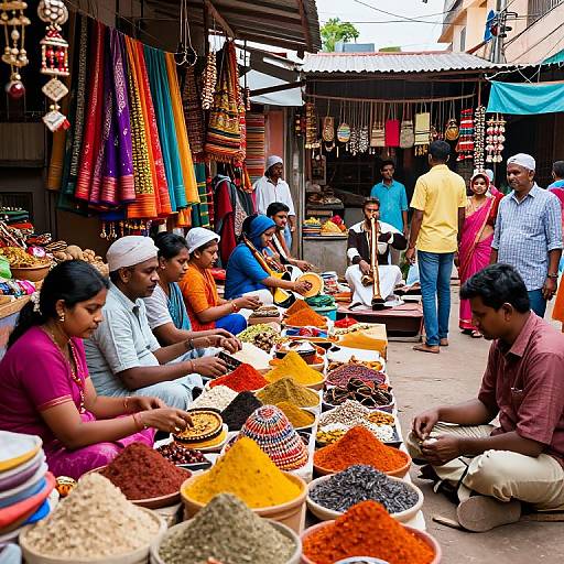 Colorful photograph of Indian market stall with six vendors, colorful sarees, and vibrant spices, customers in the background, bustling outdoor market.