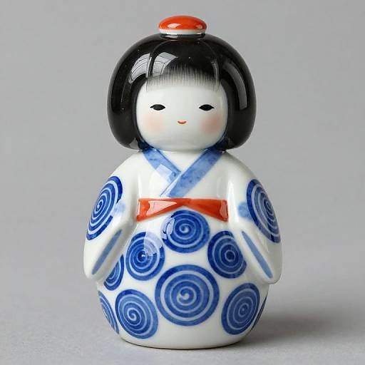 Photograph of a small ceramic Japanese geisha figurine with black bob-cut hair, white body, blue circular patterns, red sash, and red