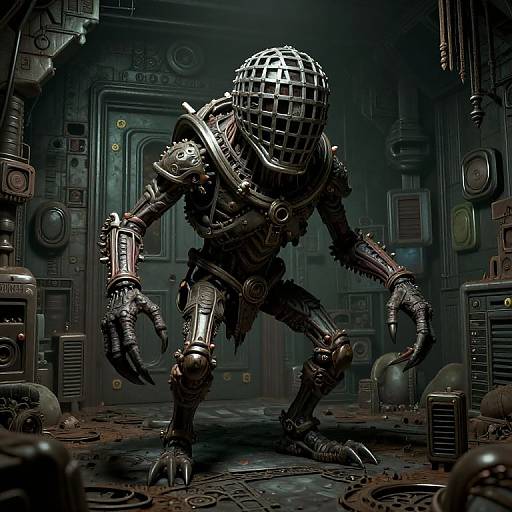 Cyborg creature with a grid-patterned helmet stands menacingly in a dark, cluttered, sci-fi laboratory filled with machinery and debris. Digital art