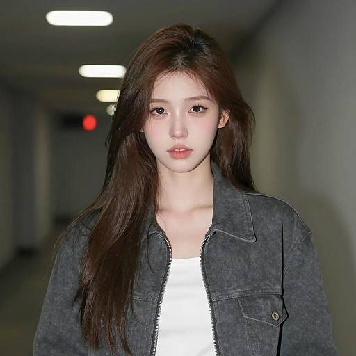 Young Woman in Dimly Lit Hallway