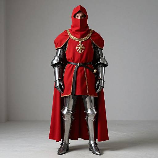 Photograph of a person in medieval-style red cloak, metal armor, and hood, with a gold chain and emblem, standing against a plain gray background