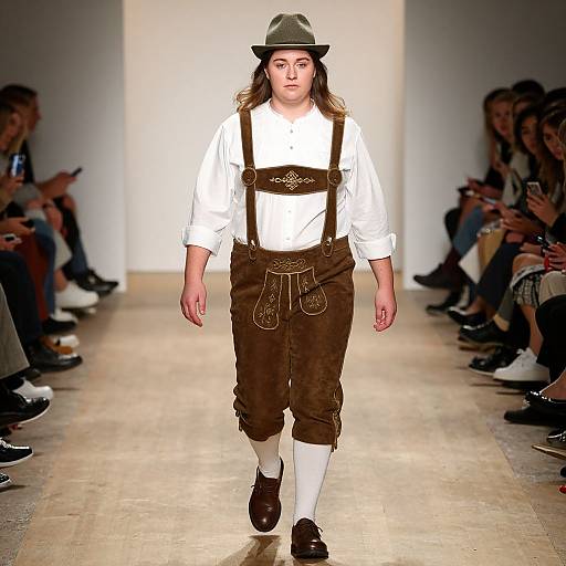 Photograph of a young male model on a runway, wearing a gray hat, white shirt, brown suspenders, brown pants, white socks, and