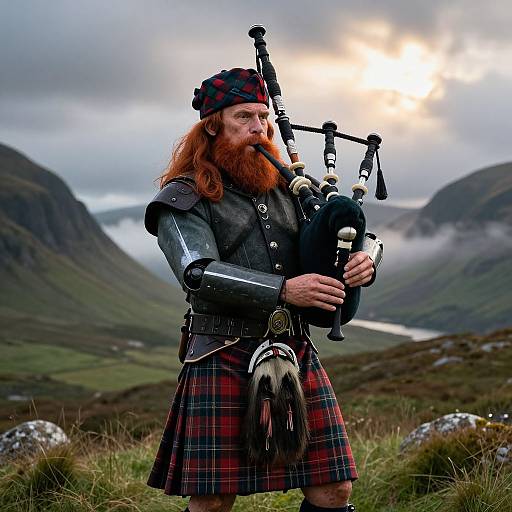 Photograph of a red-bearded man playing bagpipes in a Scottish Highlands landscape, wearing a tartan kilt, leather sporran, and tam