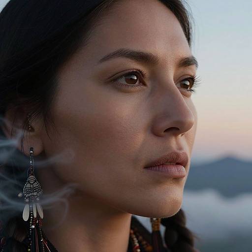 Close-up photograph of a serene Native American woman with dark hair, feather earrings, and soft natural makeup, gazing into the distance at sunset.