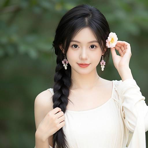 Photograph of an Asian woman with long black hair in a braid, wearing a white dress and pink flower earrings, holding a pink flower, smiling