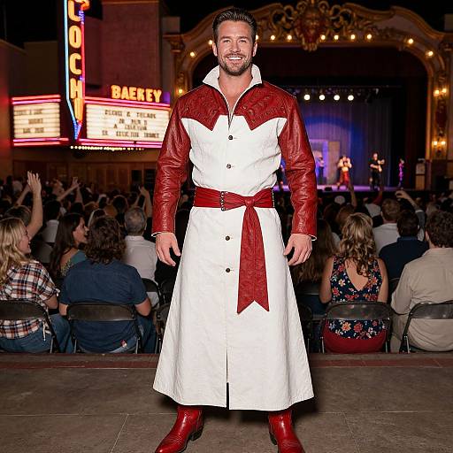 Photograph of a smiling, muscular man with short dark hair and beard, wearing a red leather jacket, white apron, red belt, and boots