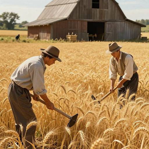 Photograph of two older men in hats and white shirts harvesting golden wheat in a sunlit field, with a rustic barn in the background.