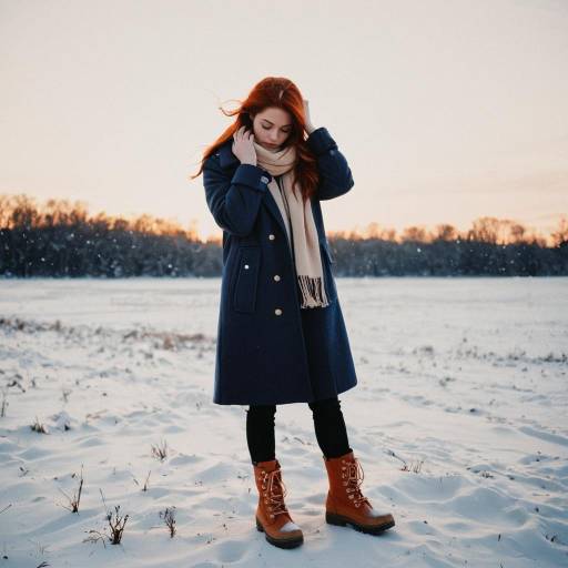 Young Woman in Winter Coat on Snowy Field at Sunset
