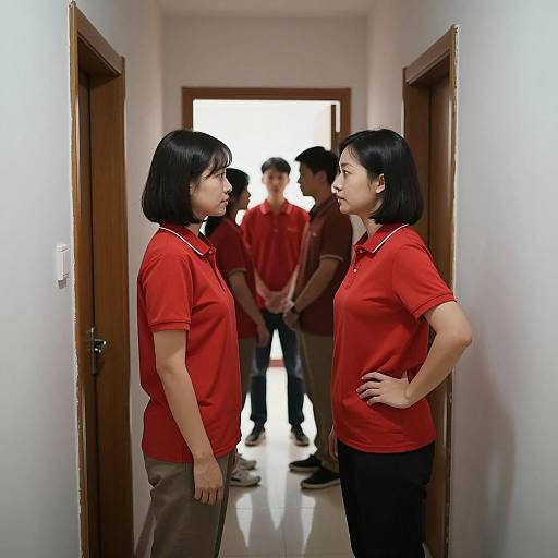 Women in Red Shirts in Dim Hallway