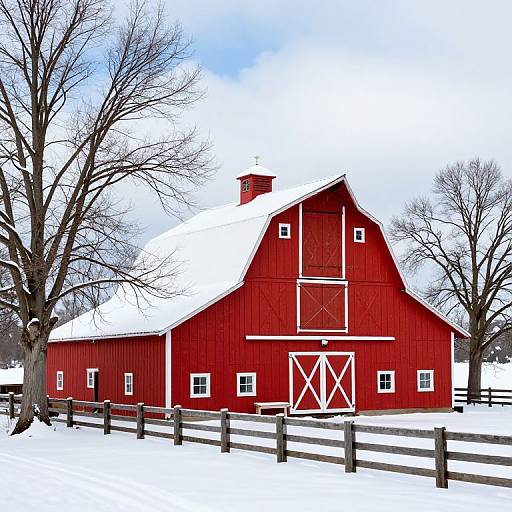 Snowy Red Barn in Winter Landscape