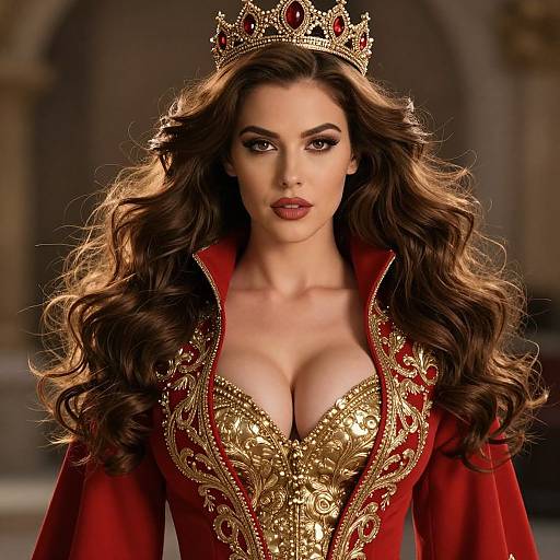 Photograph of a fair-skinned woman with long, wavy brown hair, wearing a gold-embroidered red dress, deep neckline revealing ample