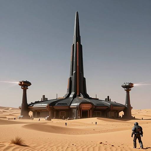 CGI image of a futuristic, towering, black spaceship-like structure with two observation towers in a bright, sandy desert under a clear blue sky. A