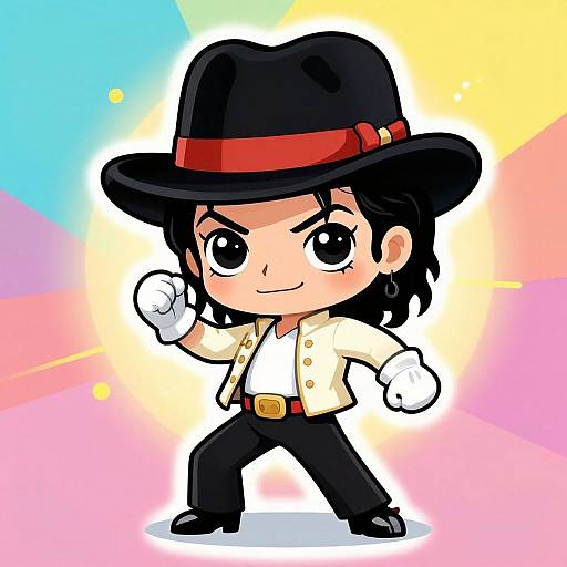 Chibi-style drawing of a confident, black-hatted man with a red band, white shirt, black pants, and white gloves, set against a
