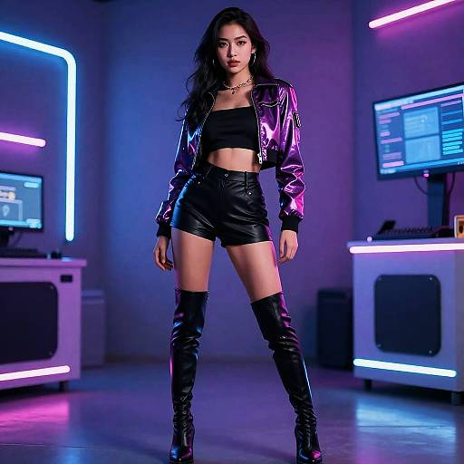 Photograph of a confident woman with long dark hair, wearing a shiny purple leather jacket, black crop top, high-waisted black leather shorts,