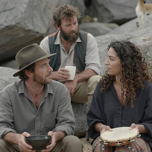 Three People Relaxing Outdoors with Tambourine
