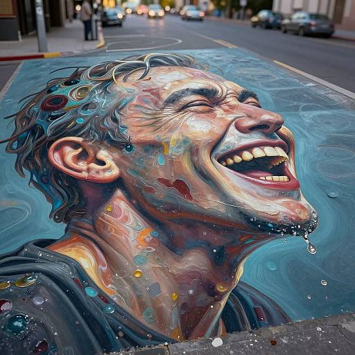 Vibrant street painting of a laughing man with colorful, water-like textures, wet hair, and dripping paint, set against a city street background.