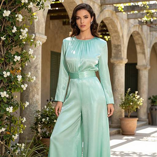 Elegant Woman in Mint Green Palazzo Suit