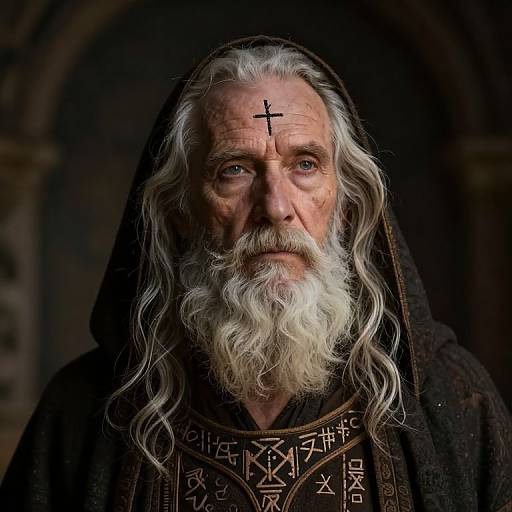 Photograph of an elderly white man with long white hair and beard, wearing a black hooded robe with runes, and a cross on his forehead,
