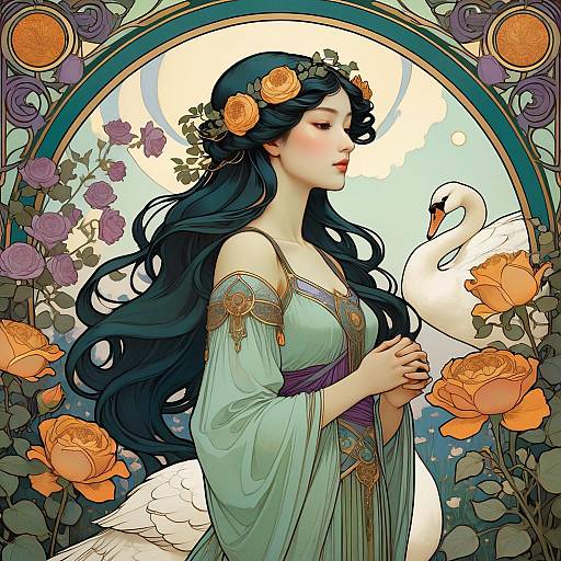 Art Nouveau Woman with Swans in Rose Garden