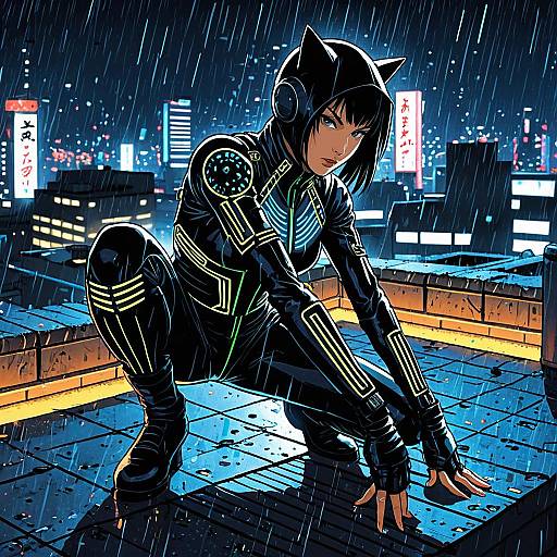 Cybernetic Assassin in Neon Catsuit on Rainy Rooftop