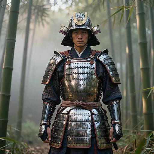 Photograph of a serious Japanese samurai standing in a misty bamboo forest, wearing shiny silver armor, a black helmet with a crest, and a