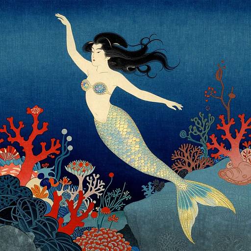Digital illustration of a pale, silvery mermaid with flowing black hair, floating amidst vibrant red, orange, and blue coral reefs in a deep blue