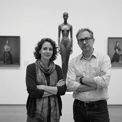 Two People in Art Gallery with Abstract Sculpture
