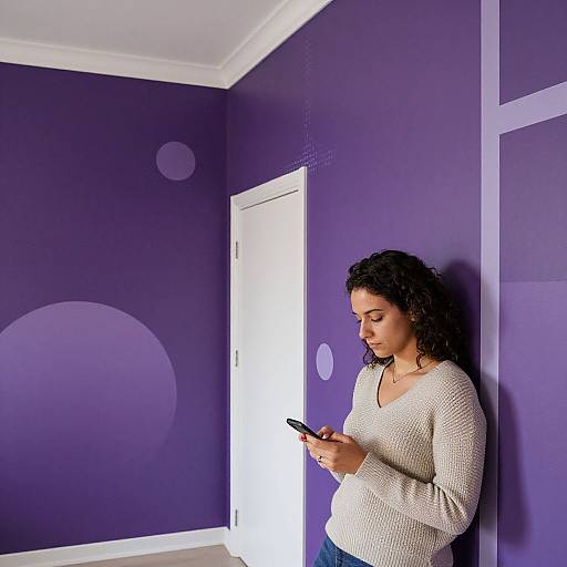 Photograph of a curly-haired woman with medium skin tone, wearing a white knit sweater, standing against a vibrant purple wall, texting on a smartphone in