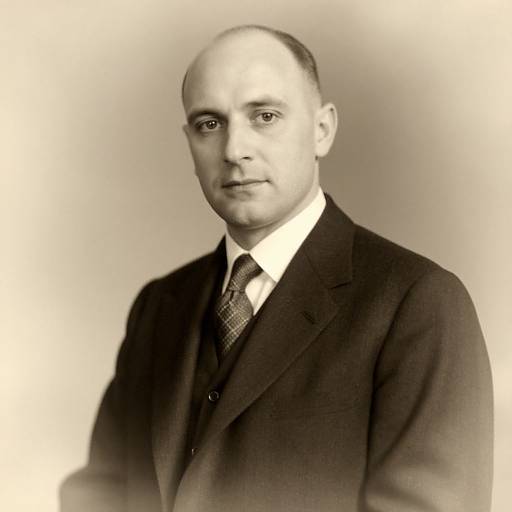 Black-and-white photograph of a bald, middle-aged man in a dark suit, white shirt, and patterned tie, with a neutral expression.