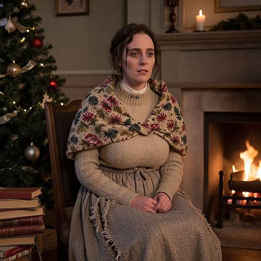 Photograph of a serious, dark-haired woman in a Victorian-style dress and floral shawl, seated by a lit fireplace and Christmas tree.