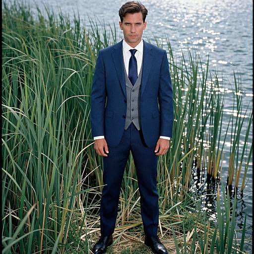 Photograph of a handsome man in a dark blue suit, gray vest, white shirt, and black tie, standing by a shimmering lake with tall