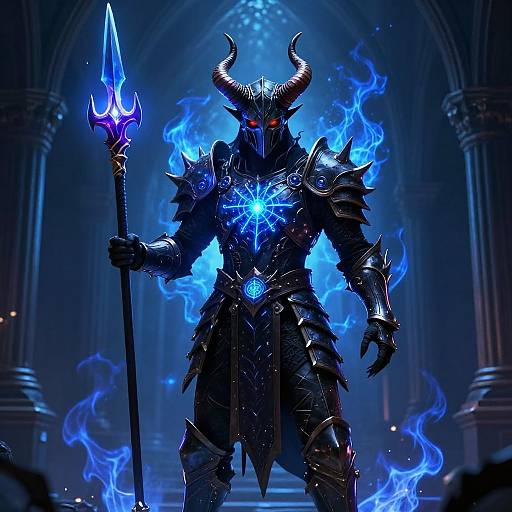 Digital art of a dark, armored demon with glowing blue flames, red eyes, and large horns, holding a blue-embered spear.