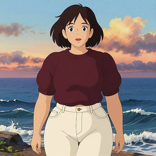 Curvy Woman Seaside Studio Ghibli Style