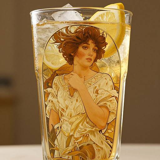 Photograph of a clear glass with a detailed, yellow-tinted, classical art illustration of a woman with wavy hair, wearing a draped gown