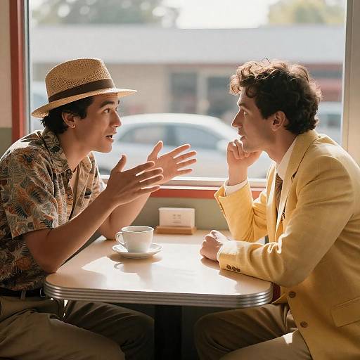 Vintage Diner Conversation in Sunlit Setting