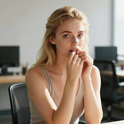 Photograph of a blonde woman with light skin, wearing a beige tank top, sitting in an office, biting her finger thoughtfully. Background includes blurred