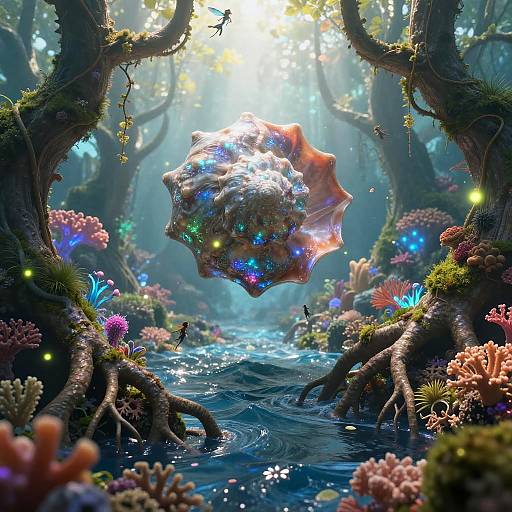 Fantastical CGI scene of a glowing, bioluminescent, starfish-like creature hovering over a colorful, underwater forest with vibrant coral, illuminated