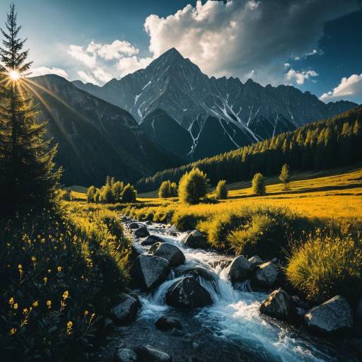 Tatras Mountain Peak with Stream and Wild Blueberry Bushes
