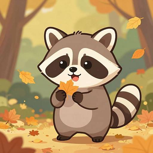 Chibi Raccoon Playing with Autumn Leaves