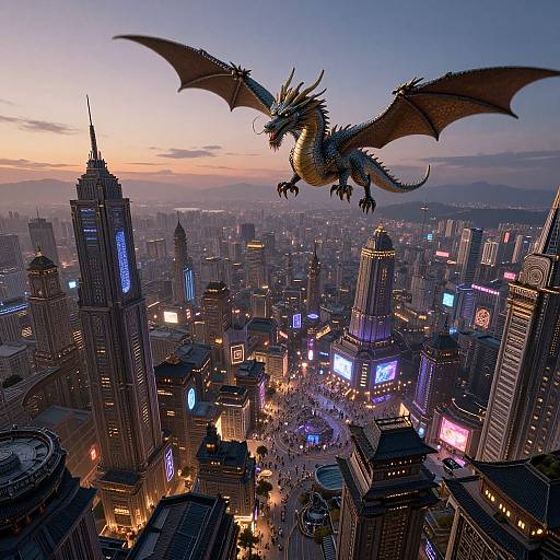 Celestial Dragon Over Mythical Cityscape