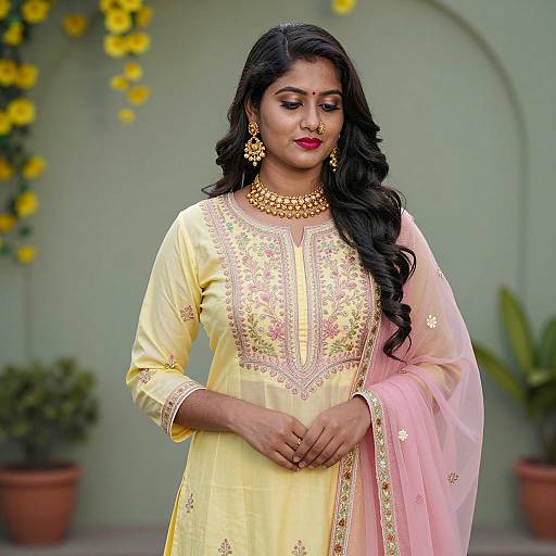 Indian Woman in Traditional Kurti with Pink Dupatta