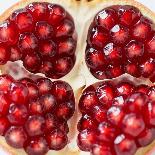 Close-up photograph of a halved pomegranate, showcasing vibrant red, glossy seeds in four clusters, with a white, gelatinous interior