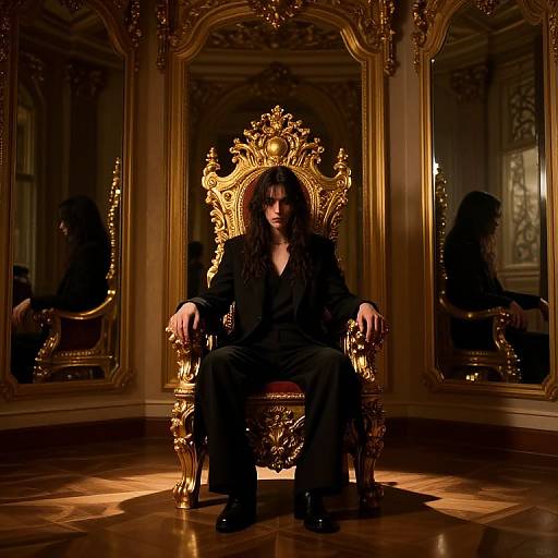 Photograph of a dark-haired man in a black suit, sitting on an ornate, gold throne in a dimly lit, opulent room with