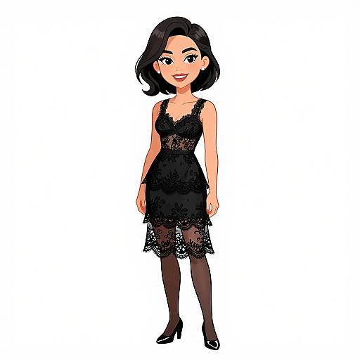 Smiling Woman in Black Lace Flapper Dress